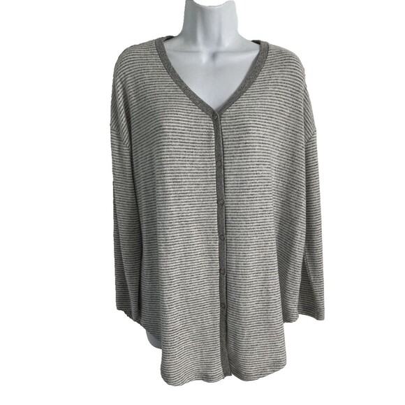 Gibson Soft Knit Tunic Sweater Women Small Gray White Stripe Button Up Oversized - Picture 1 of 12
